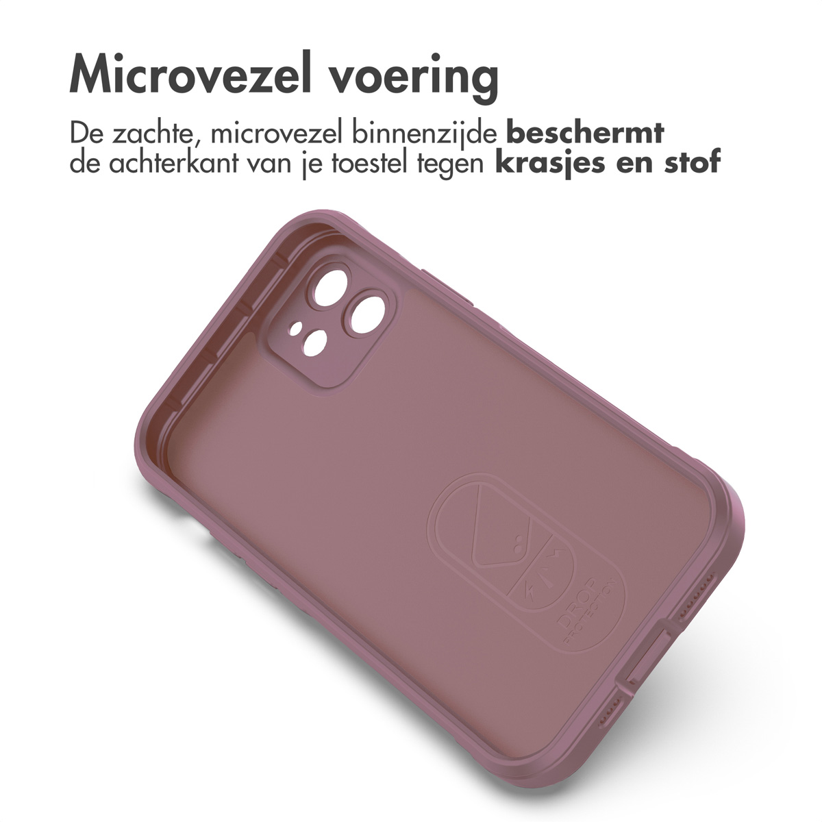 Binnenkant telefoonhoesje. De hoes is roze met een valbeschermingslogo.