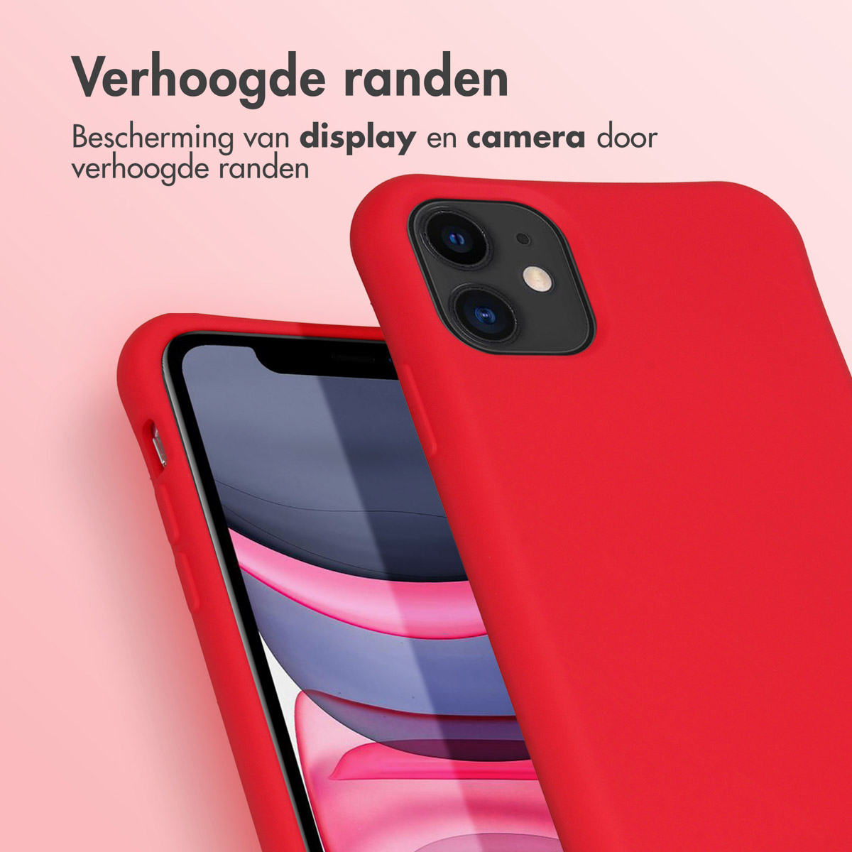 Rode telefoonhoes. Tekst: 'Bescherming van scherm en camera'.