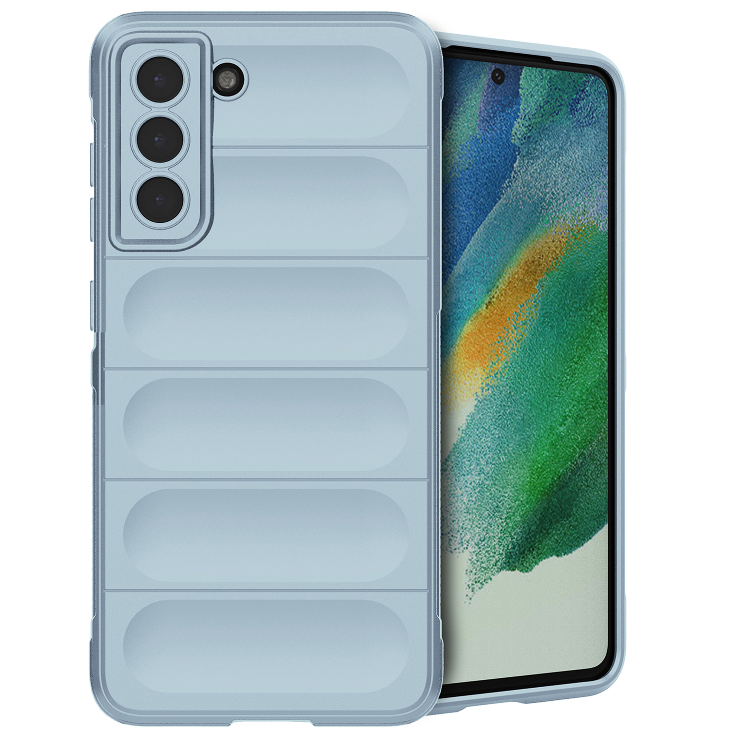 Blauw telefoonhoesje met een telefoon. De hoes heeft een geribbeld ontwerp.