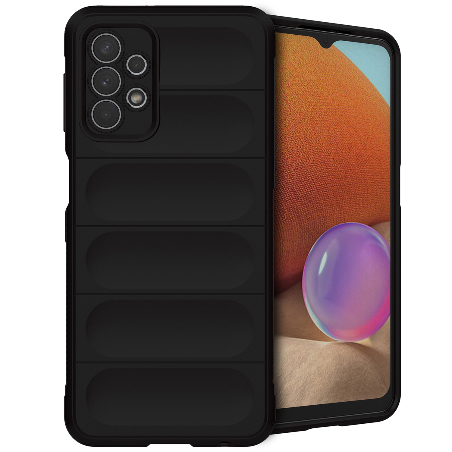 Coque de téléphone noire avec un design texturé sur le côté. Écran du téléphone visible.