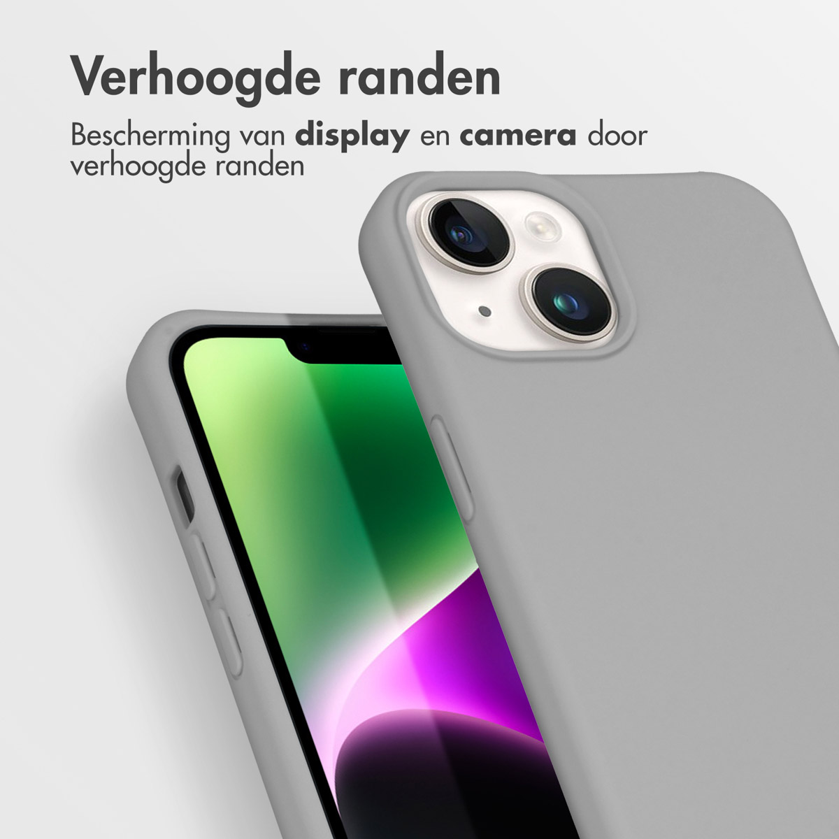 Coque de téléphone grise et téléphone. La coque a des lignes. Texte 'Verhoogde randen'.