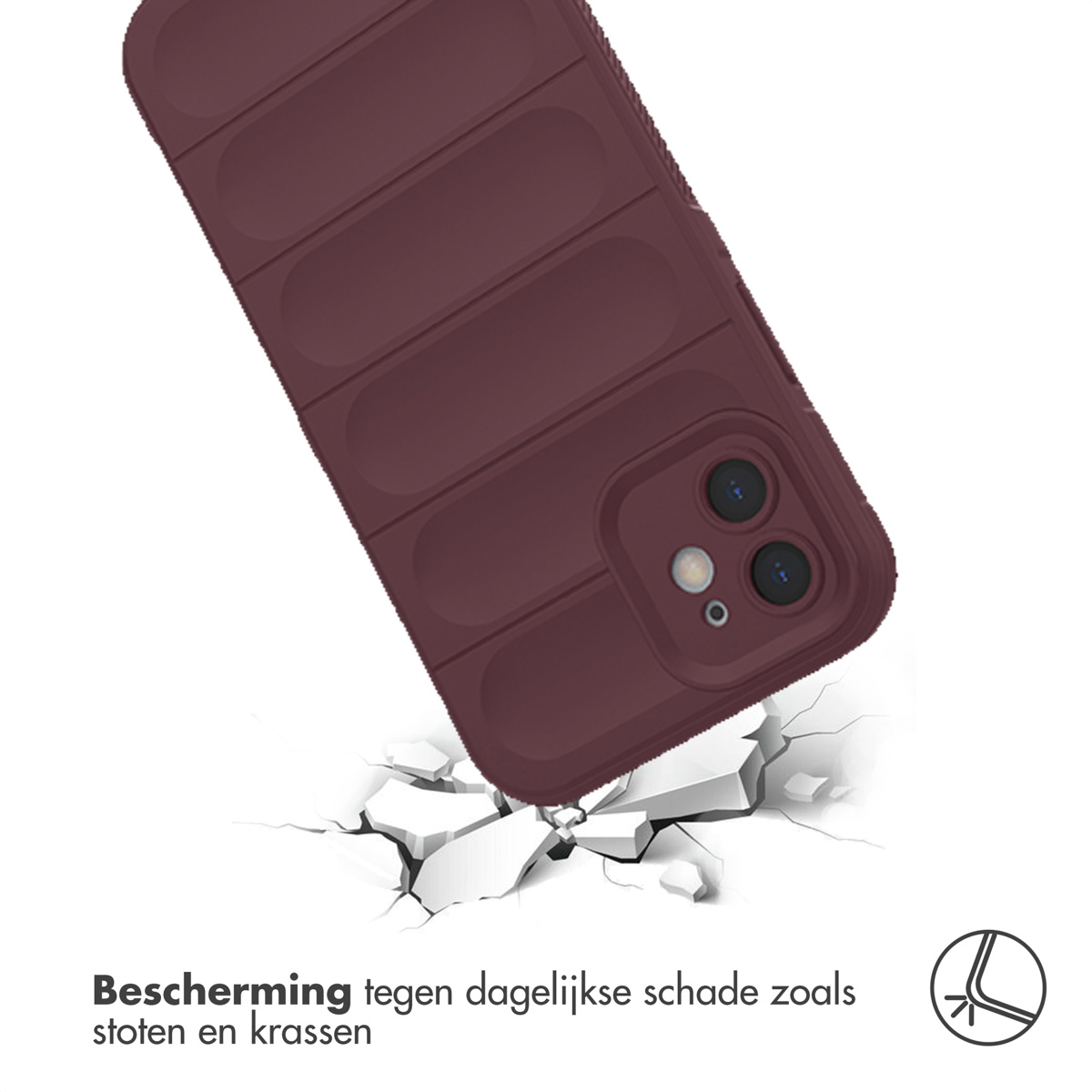 Une coque de téléphone bordeaux est lâchée. Le fond est blanc avec des fissures.