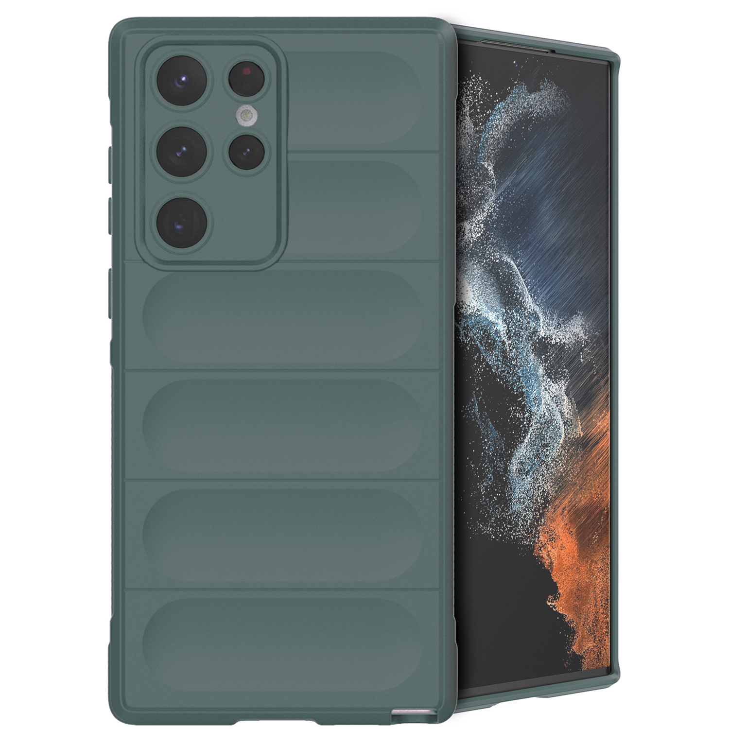Groene telefoonhoes met een telefoon erin. De tekst zegt perfecte pasvorm.