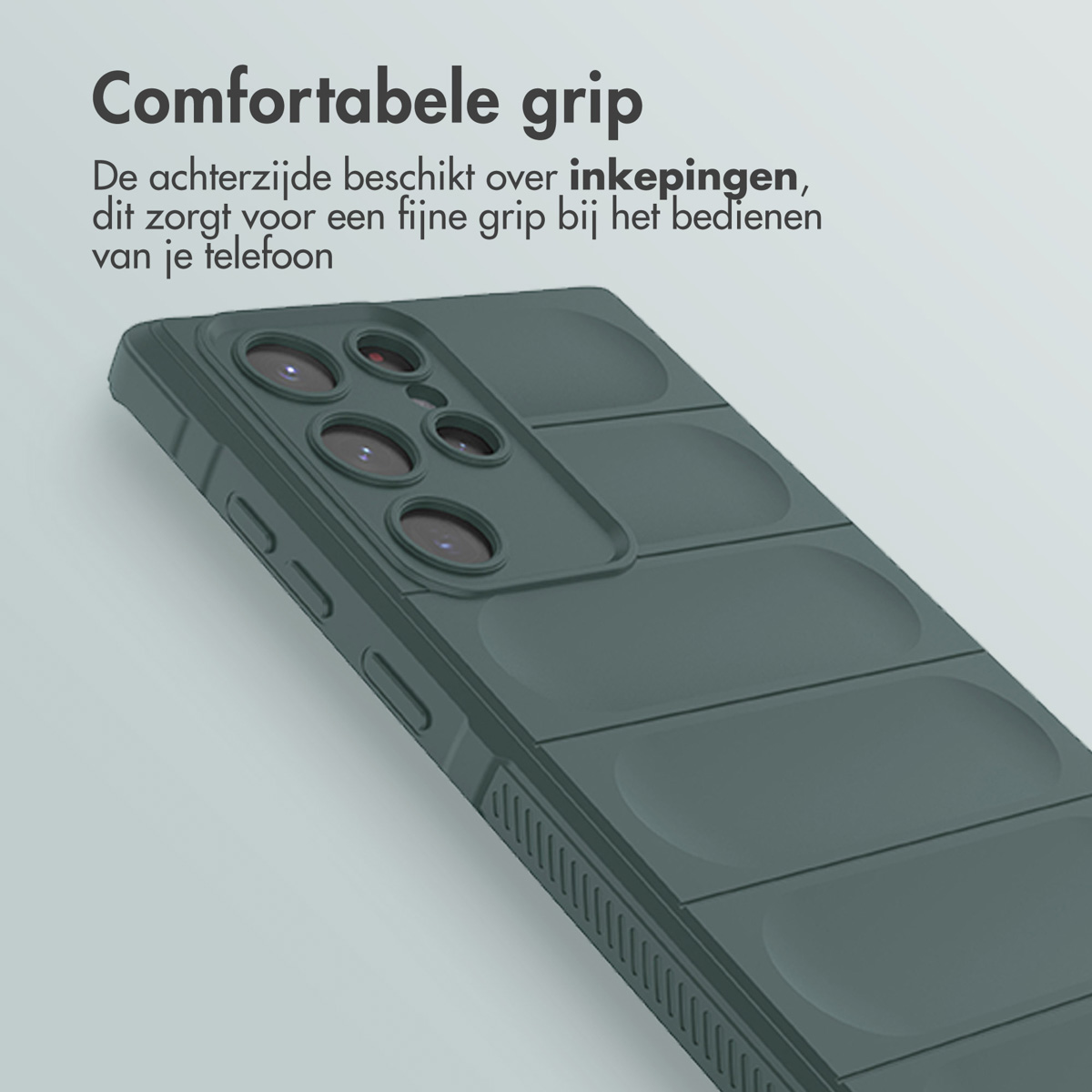 Donkergroene telefoonhoes met geribbeld ontwerp. Toont de achterkant van de telefoon.