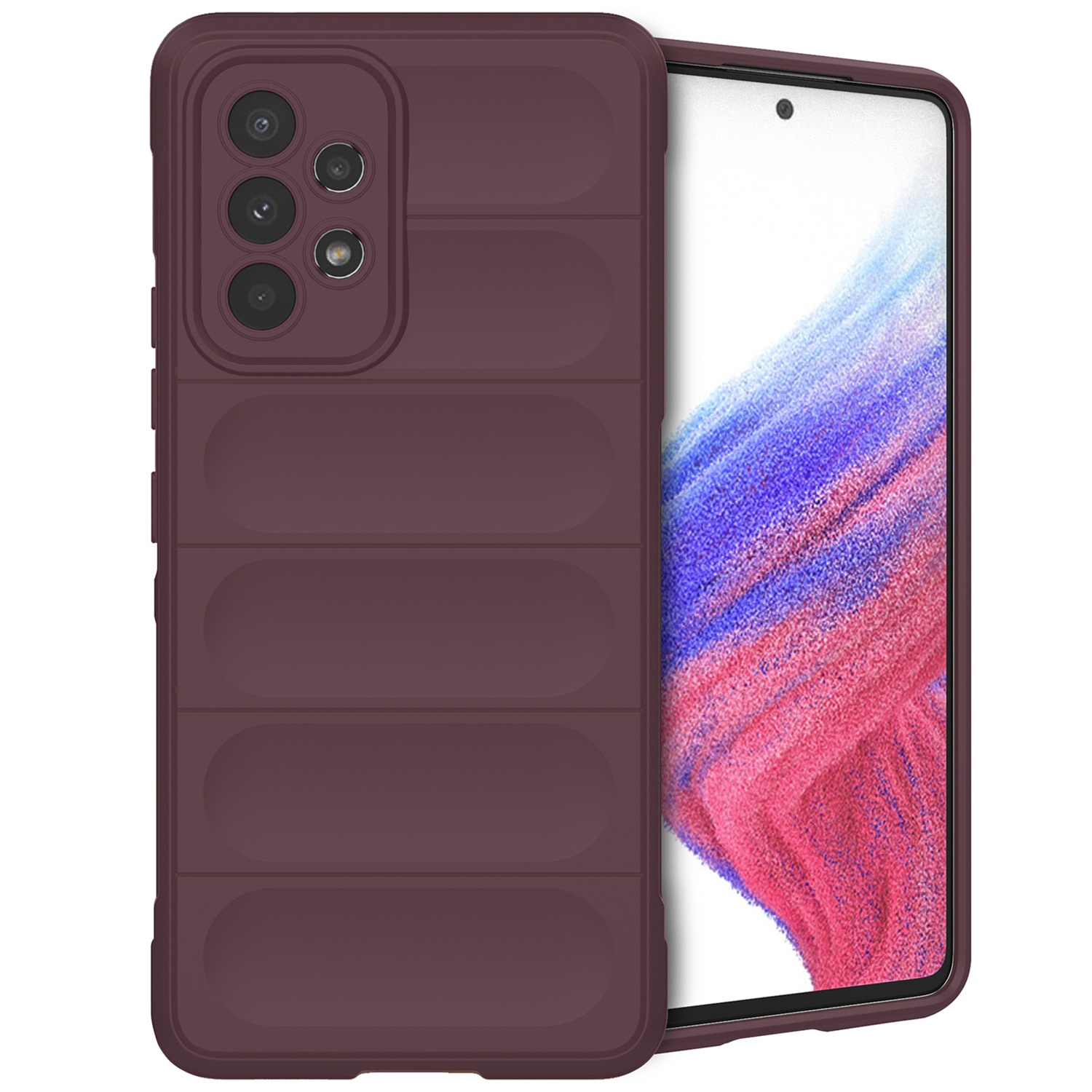 Une coque de téléphone bordeaux avec un téléphone à l'intérieur, fond blanc.
