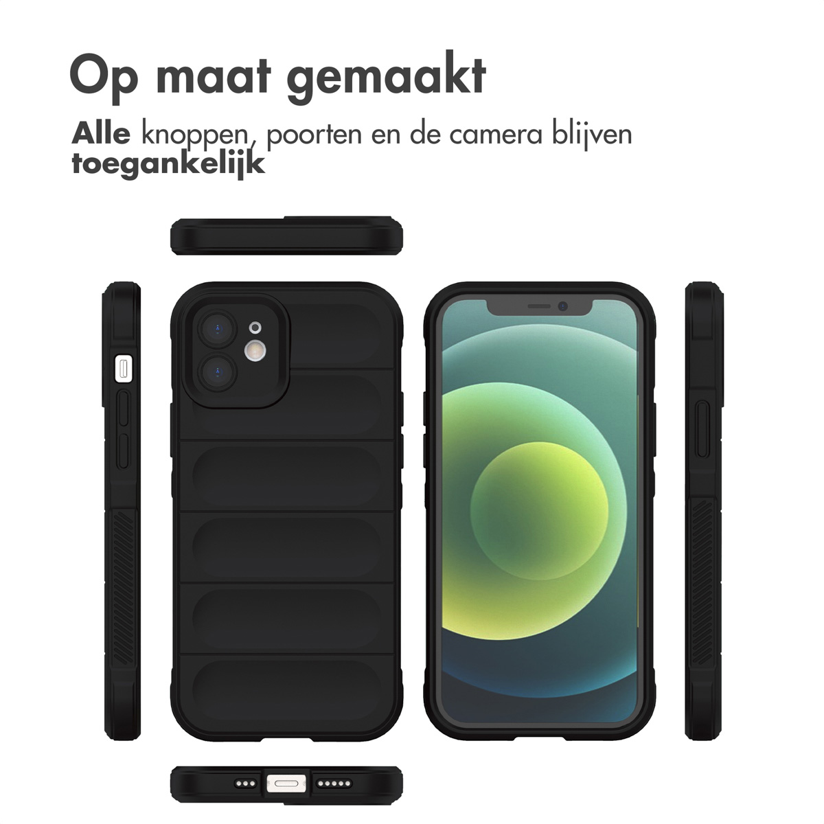 Coque de téléphone noire avec design texturé, différents angles et un téléphone.