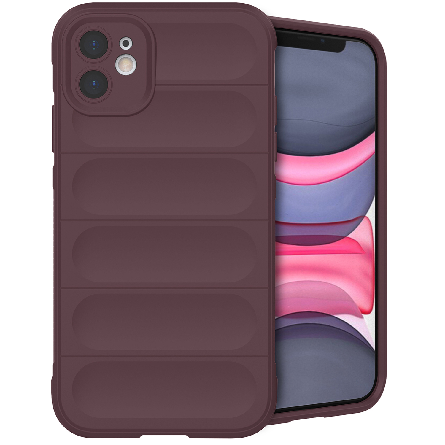 Coque de téléphone rouge foncé à rainures horizontales. Téléphone à l'intérieur. Sur fond blanc.