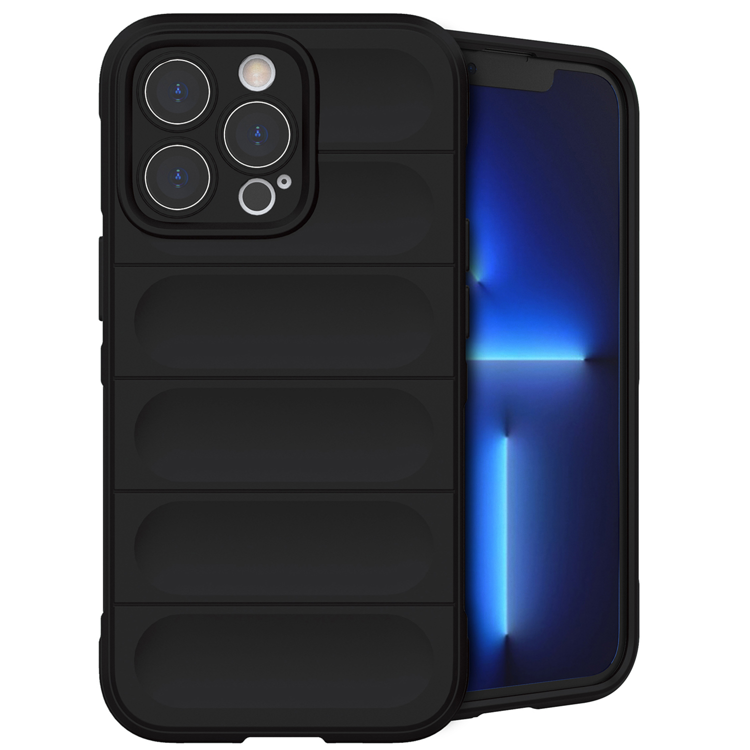 Schwarze Handyhülle mit strukturiertem Design. Telefonbildschirm sichtbar. Hülle ist schwarz, Telefon blau.