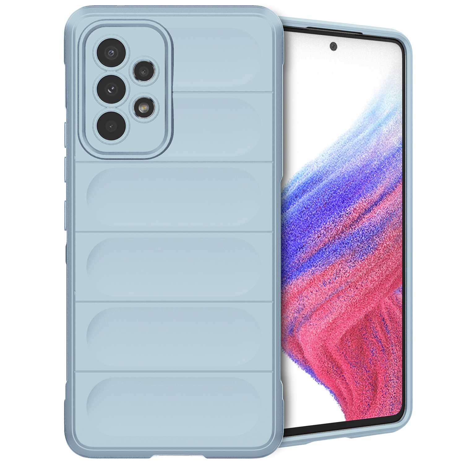 Coque bleue avec téléphone. Coque à rayures. Texte : 'Prise en main confortable'.
