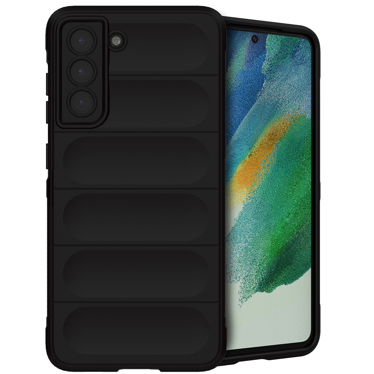 Zwarte telefoonhoes met een gestreept ontwerp, een telefoon met een zichtbaar scherm erin.