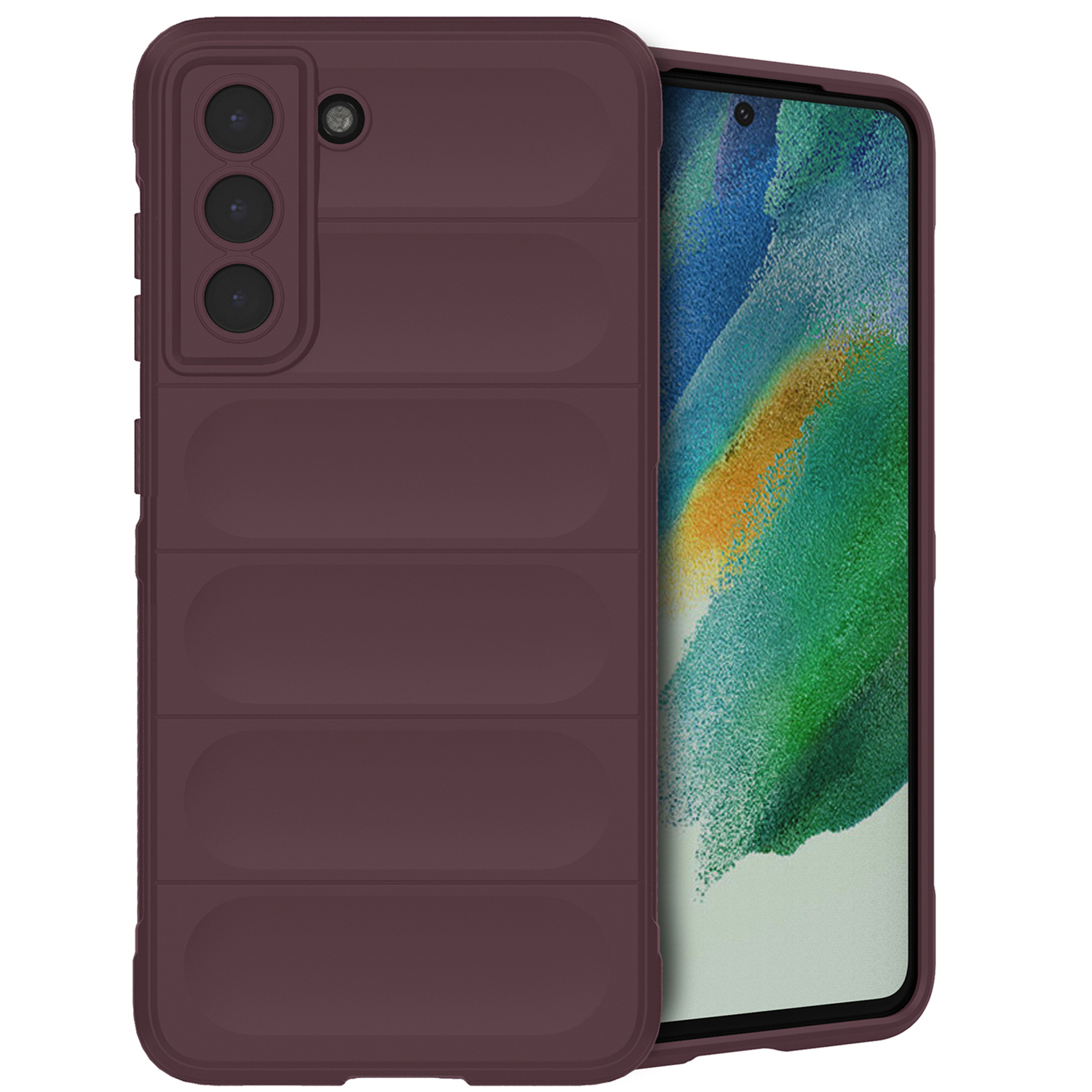 Donkerrode telefoonhoes met een telefoon erin. De hoes heeft horizontale lijnen op de achterkant.