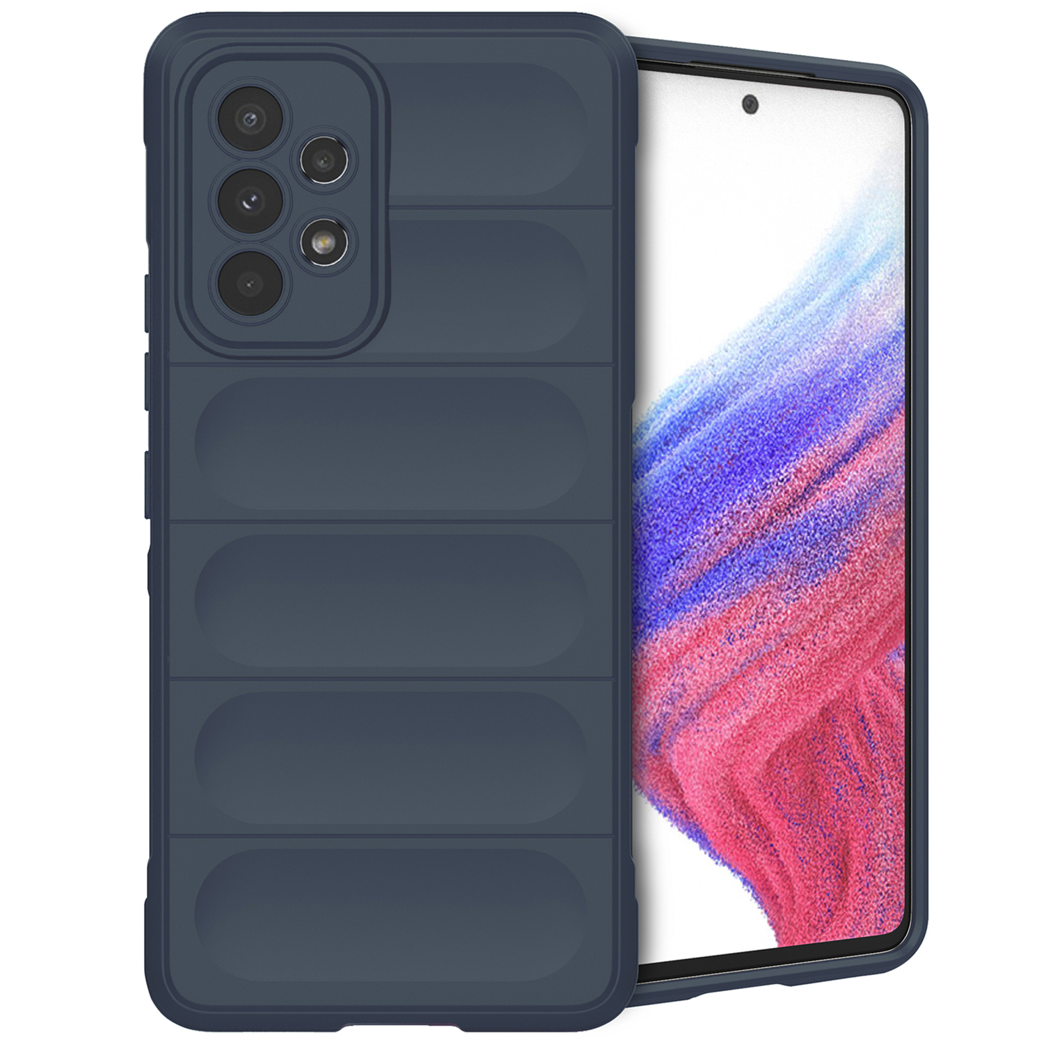 Coque de téléphone bleue sur un téléphone. La coque a des lignes. Le téléphone a plusieurs caméras.