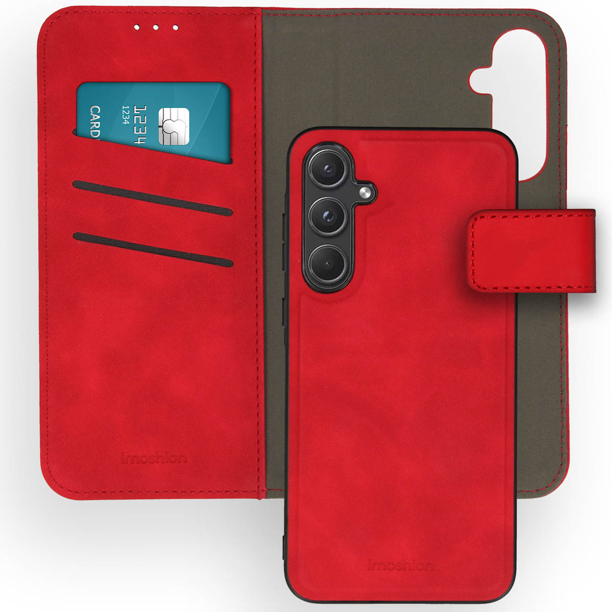 Étui de téléphone rouge de style portefeuille. Comprend une carte et un fermoir magnétique.