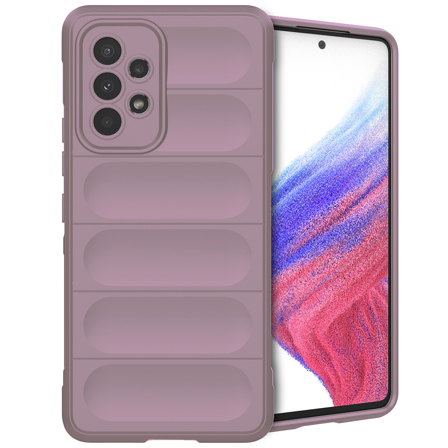 Paarse telefoonhoes met een telefoon. De hoes heeft een geribbeld ontwerp. De telefoon heeft een scherm.