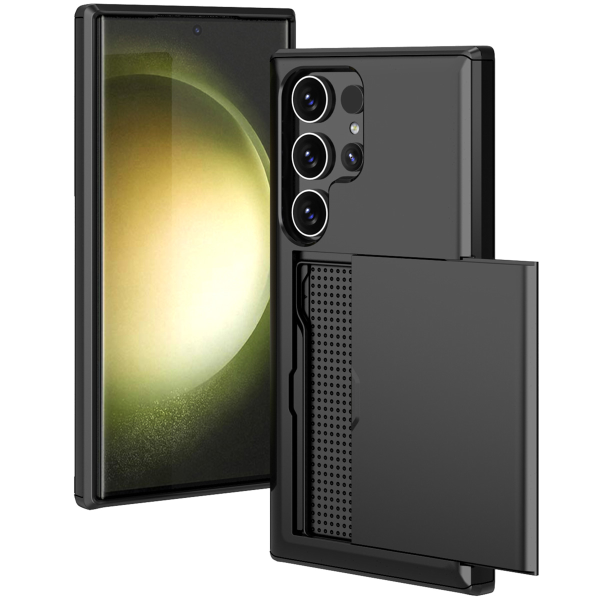 Zwarte telefoonhoes met een kaartsleuf, een telefoon zichtbaar erin.