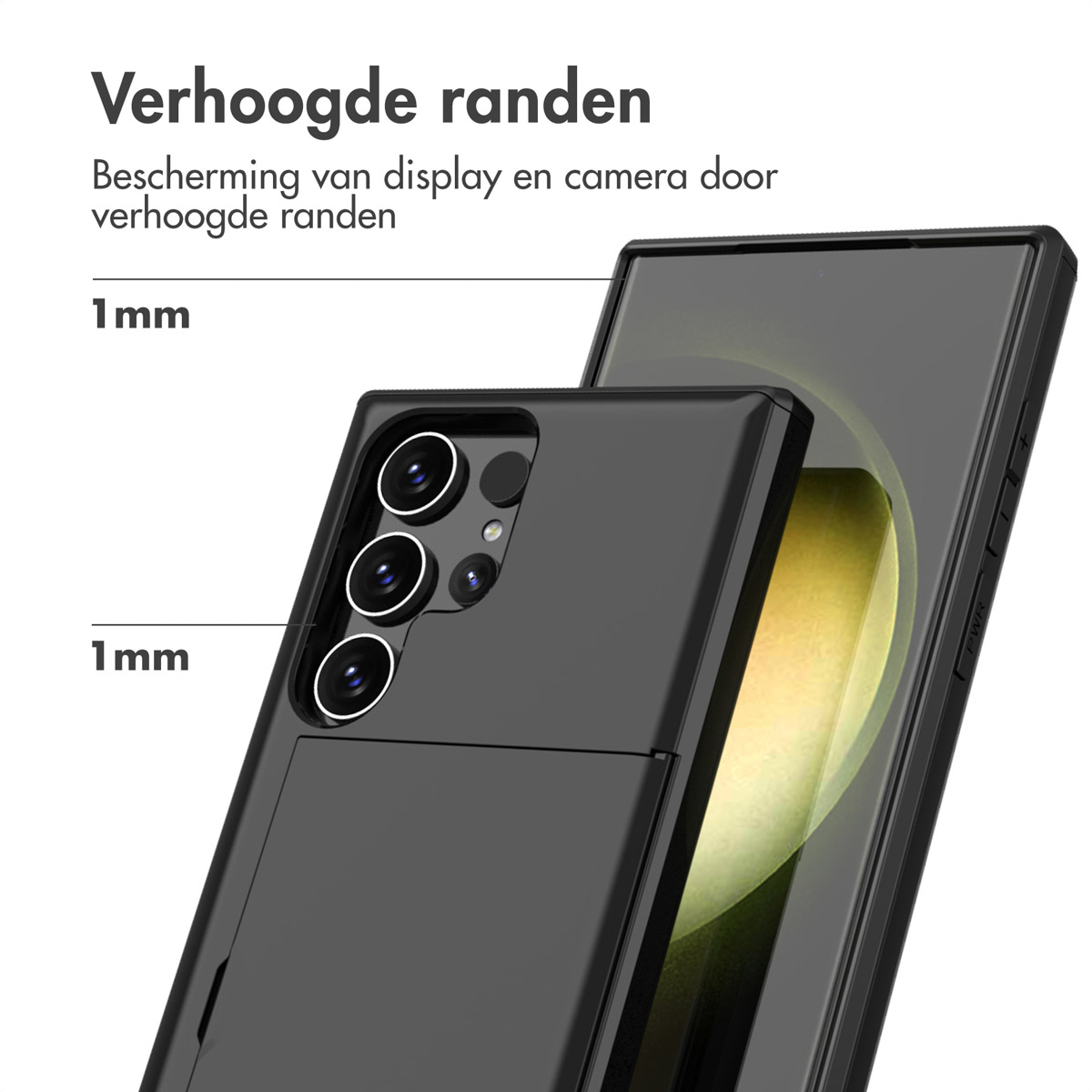 Close-up van een telefoonhoesje op een telefoon, met verhoogde randen voor bescherming.