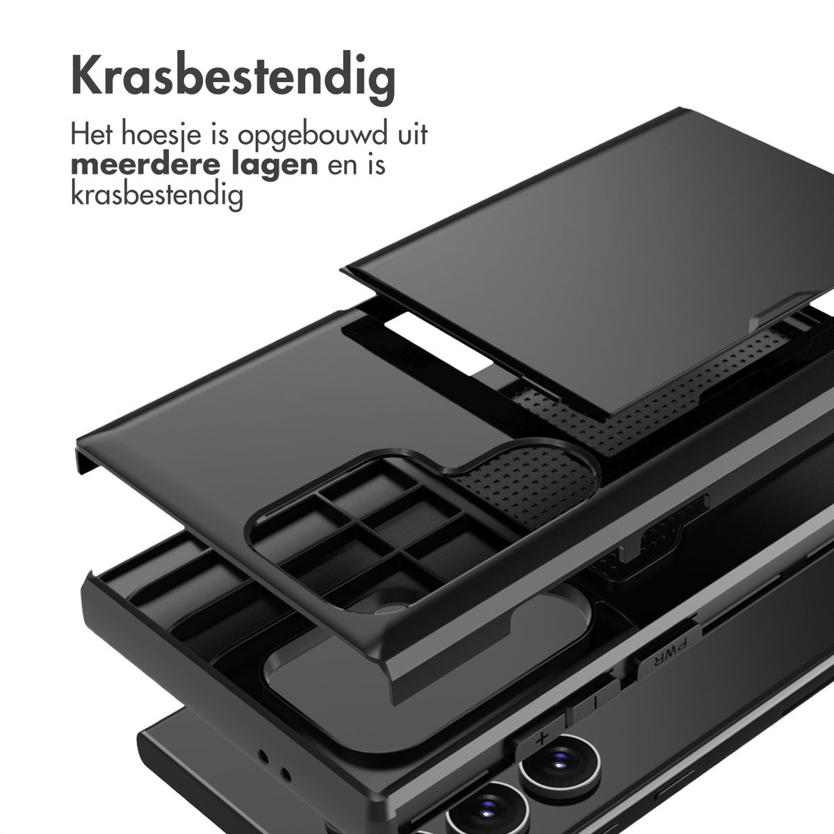Zwarte telefoonhoes, gelaagd, zwart. Beschermend, krasbestendig. Nederlandse tekst.