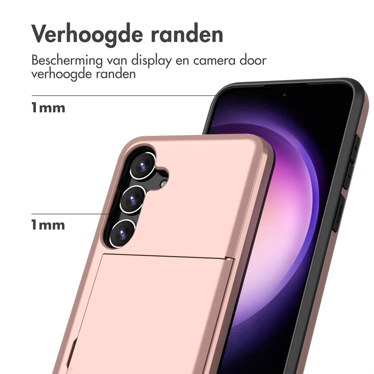 Rosegouden telefoonhoesje op een telefoon. Cameralenzen zichtbaar. Nederlandse tekst.