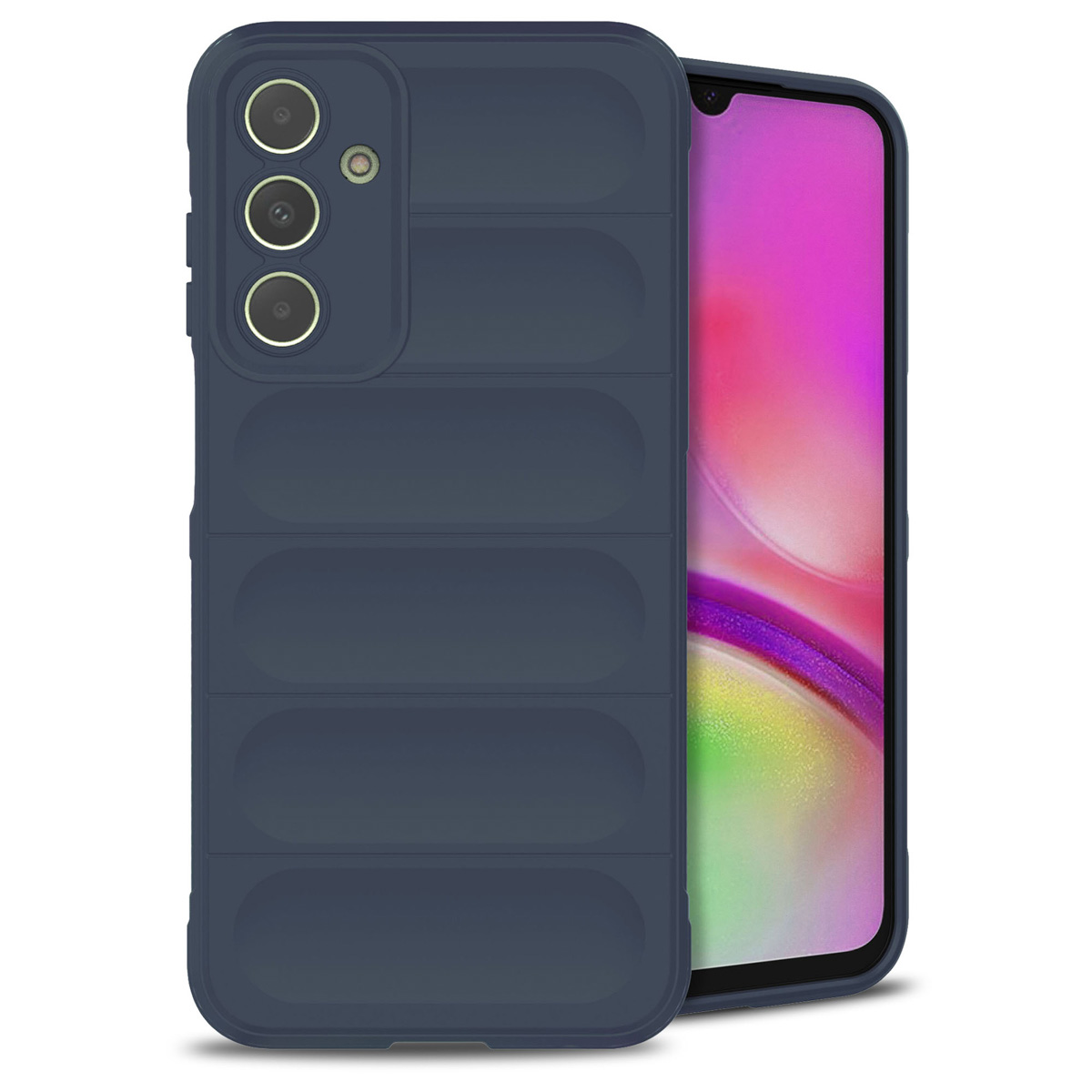 Marineblauwe telefoonhoes met een gestructureerd ontwerp en een telefoon met een kleurrijk scherm.