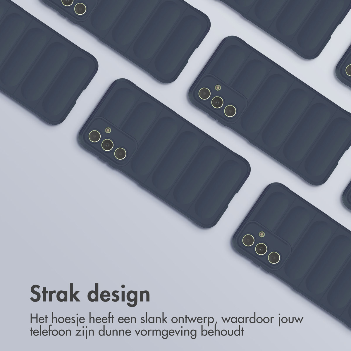 Verschillende zwarte telefoonhoesjes in een rasterpatroon, een telefoon is zichtbaar.