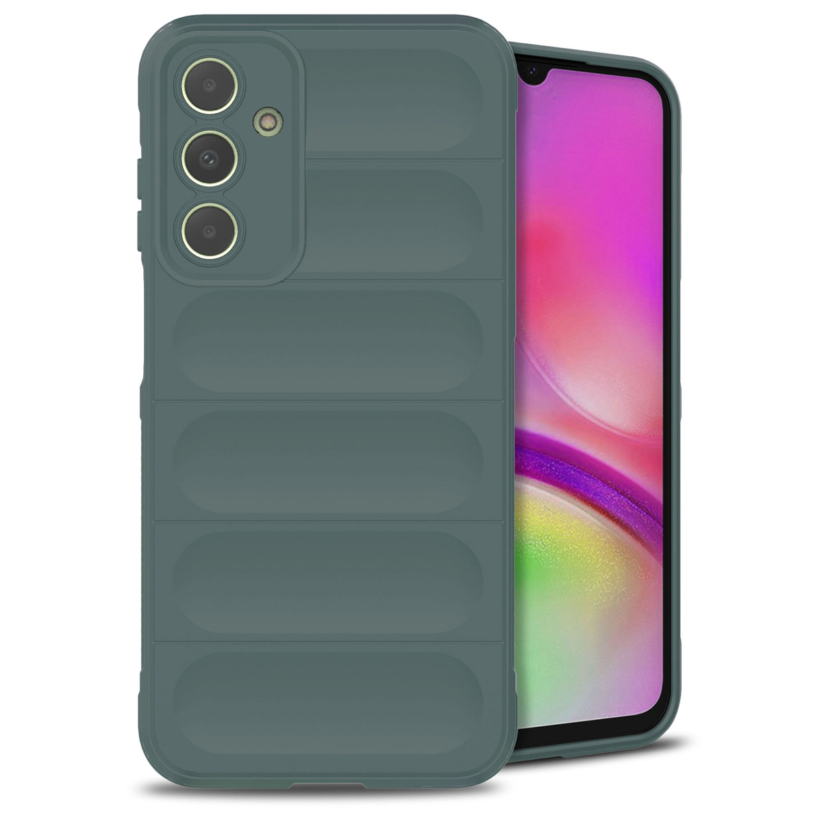 Une coque de téléphone verte sur fond blanc. La coque recouvre un téléphone.