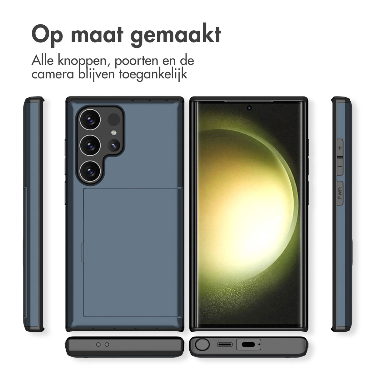 Blauwe telefoonhoes en telefoon. Verschillende hoeken van de telefoon. De hoes ligt op een witte ondergrond.