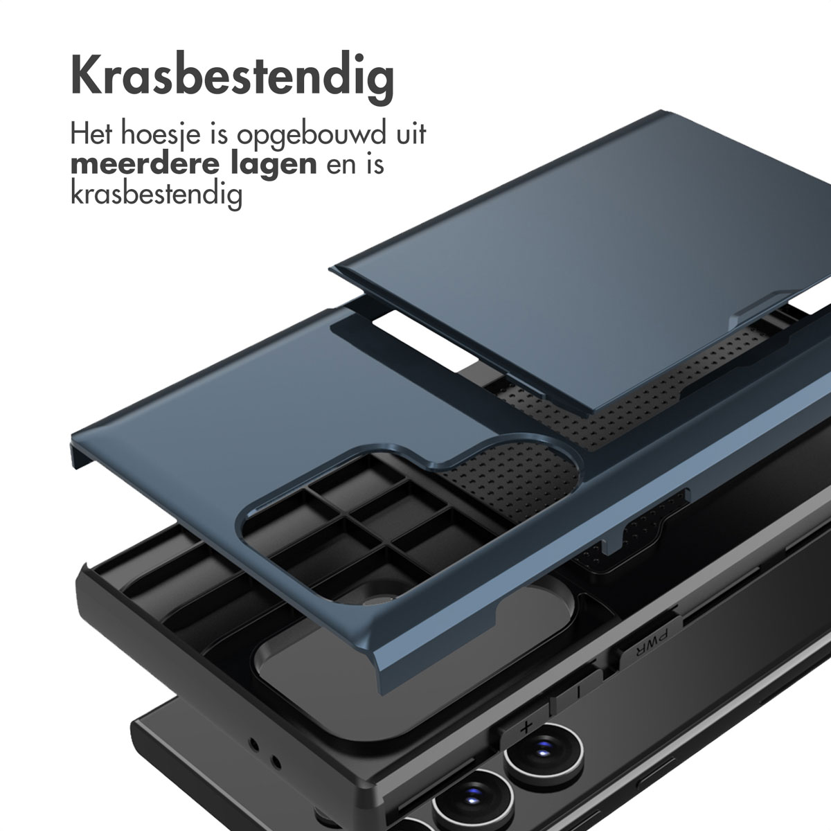 Blauwe telefoonhoes met lagen. De hoes is open. De hoes ligt op een witte ondergrond.
