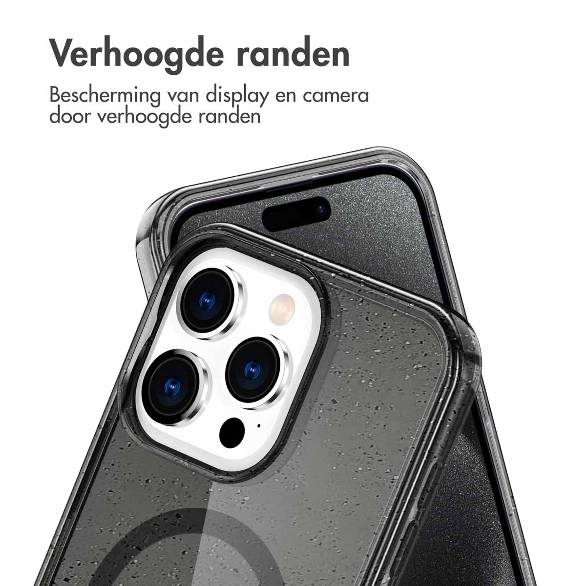 Coque transparente avec bords surélevés, protégeant l'appareil photo et l'écran du téléphone.