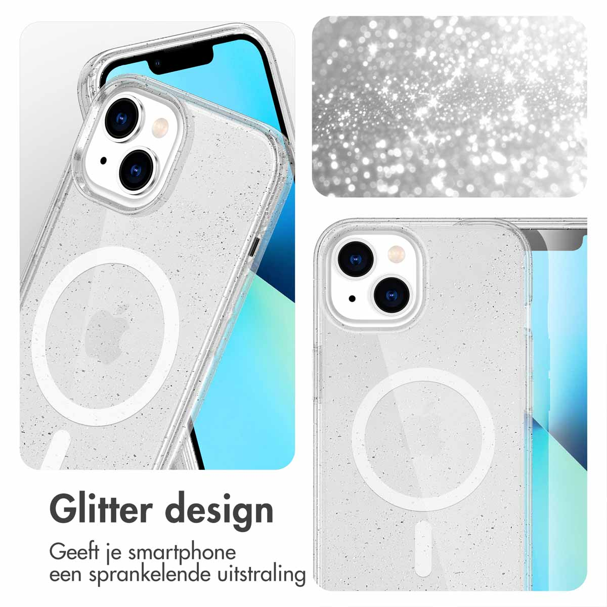 Custodie trasparenti per telefono con glitter. Vengono mostrati due telefoni, uno in una custodia. Glitter sullo sfondo.