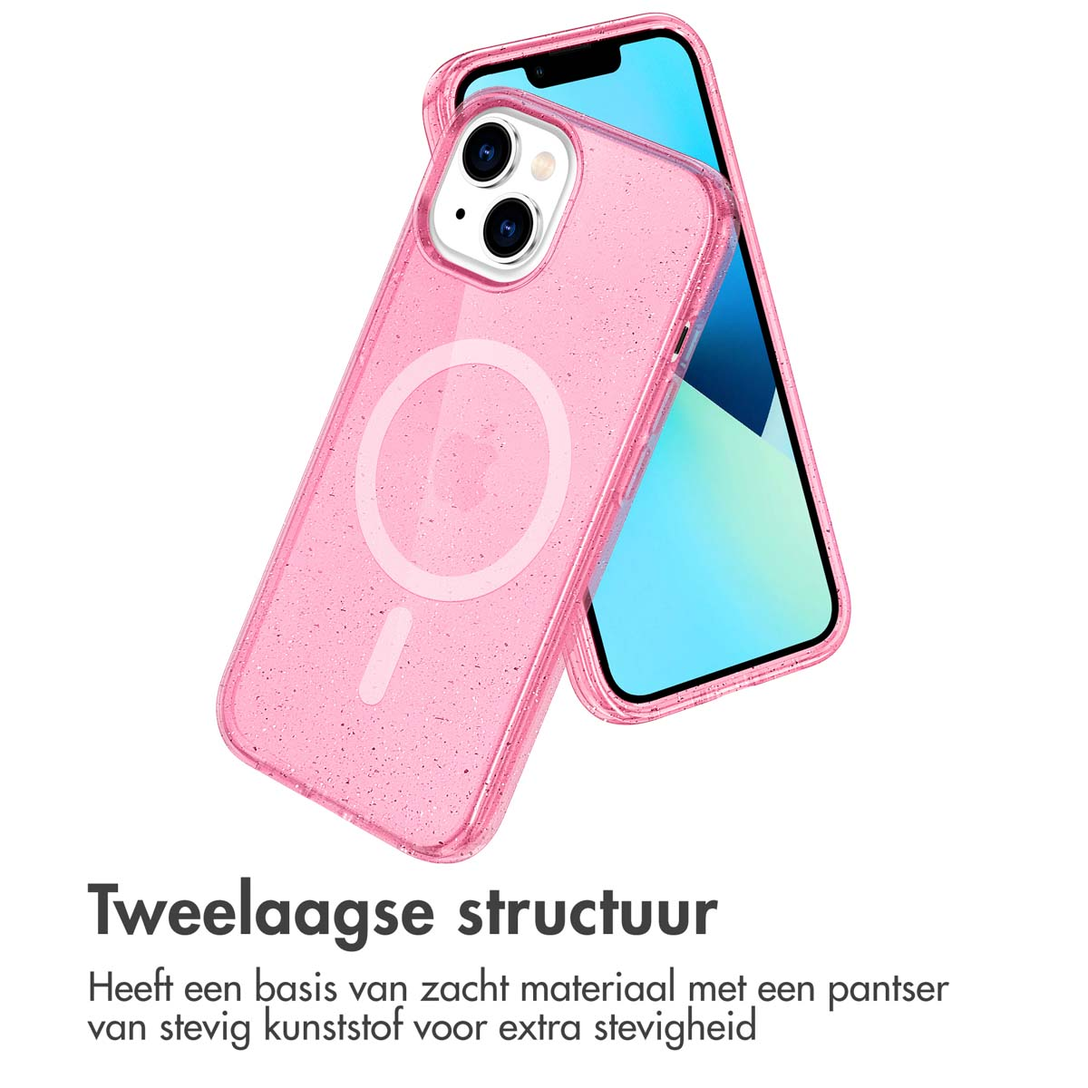 Custodia rosa con glitter e telefono dentro. Il telefono è blu e ha due fotocamere.