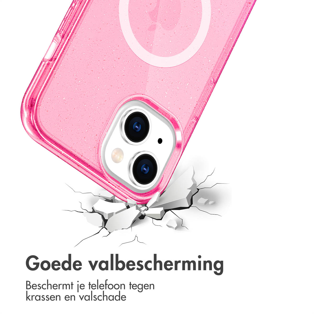 Custodia per telefono rosa con un anello bianco. La custodia è incrinata all'impatto, proteggendo il telefono.