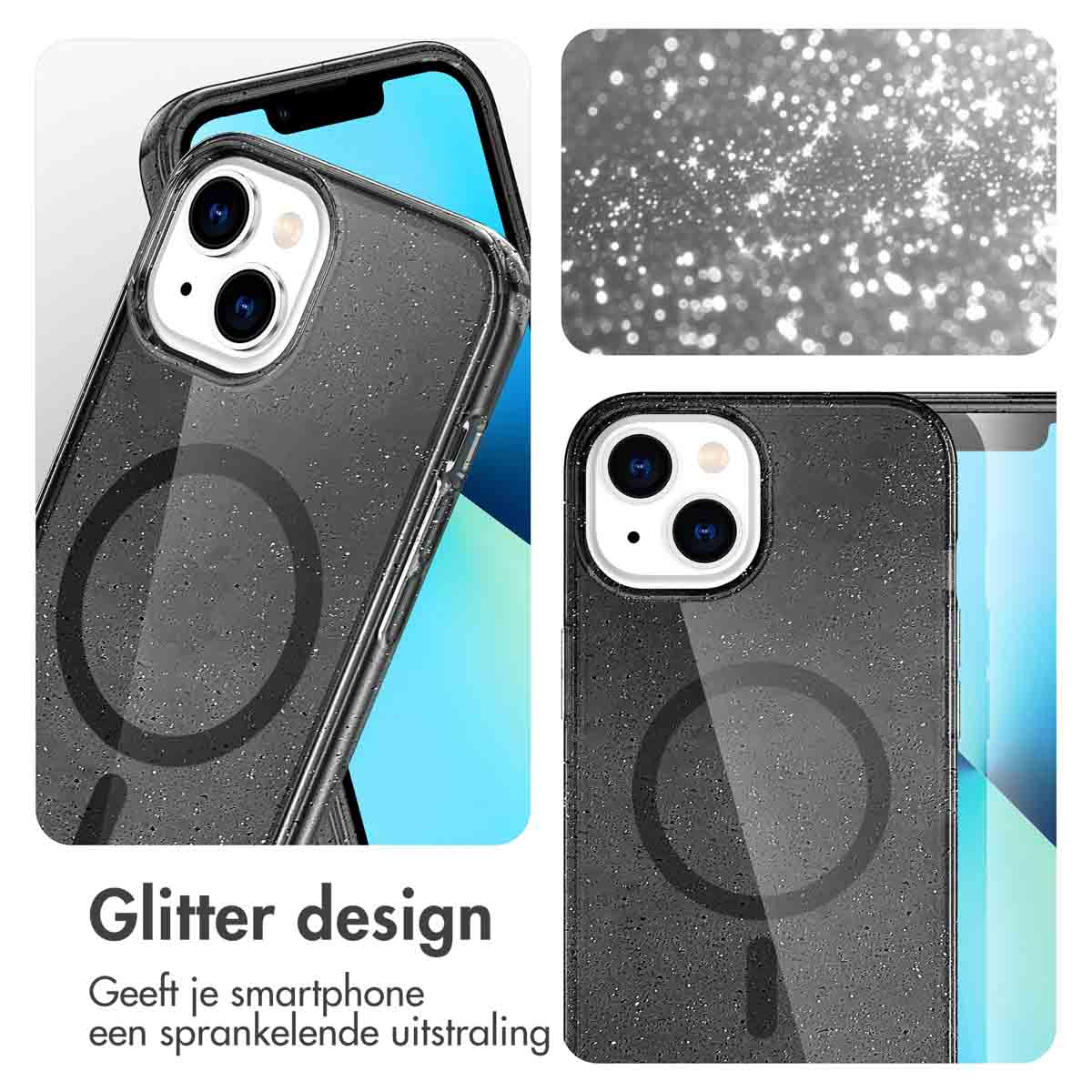 Custodie per telefono con effetto glitter. Il telefono è in una custodia nera. Il testo dice Glitter design.