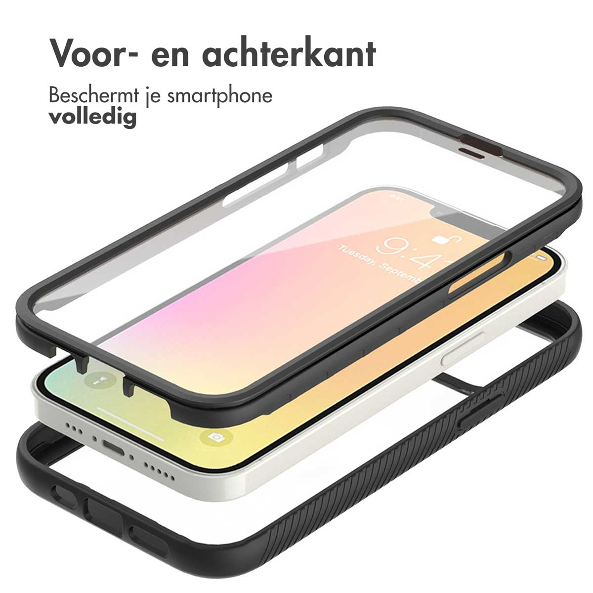 Custodia con un telefono dentro. Il testo dice davanti e dietro.