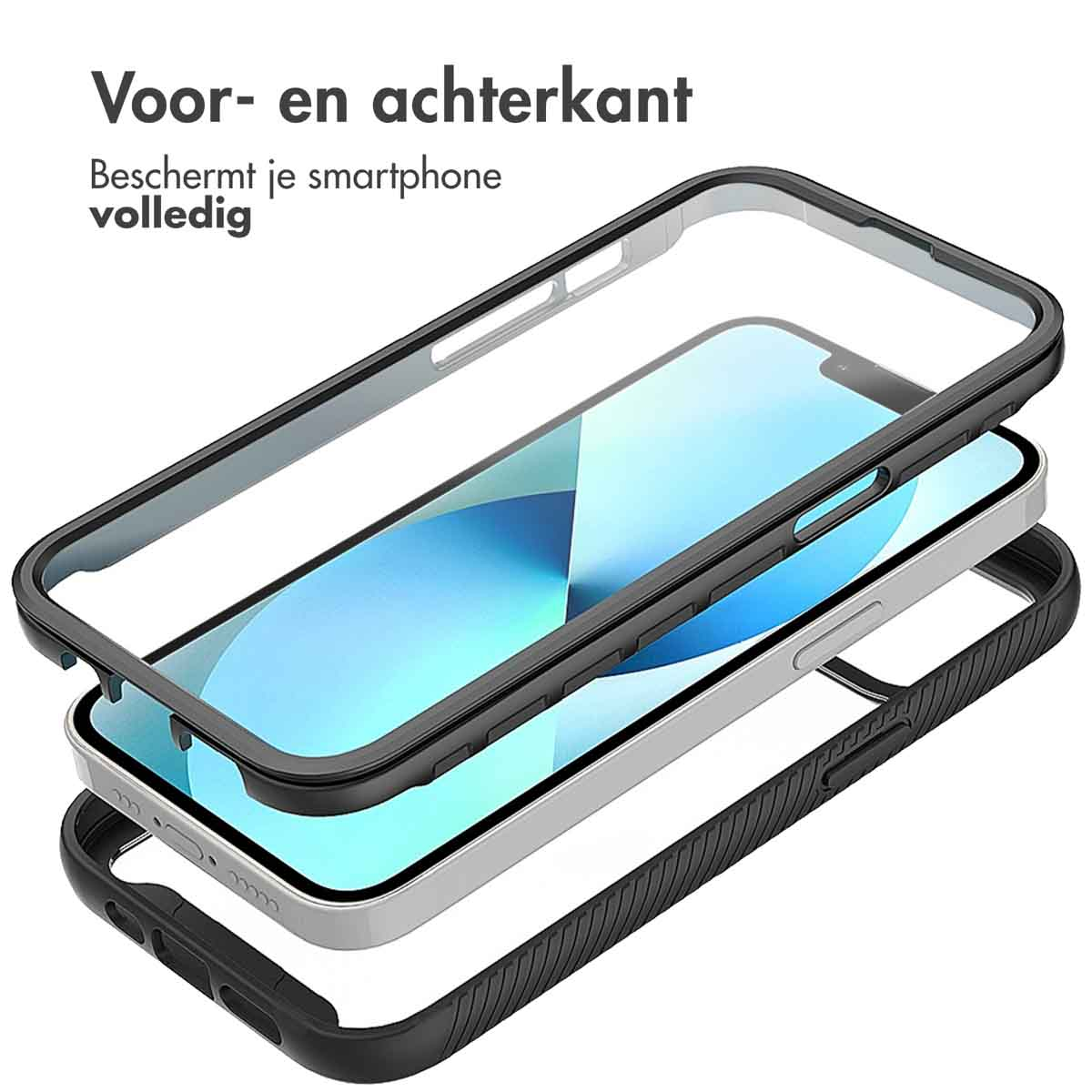 Telefono in una custodia trasparente, che mostra strati di protezione, retro e fronte.