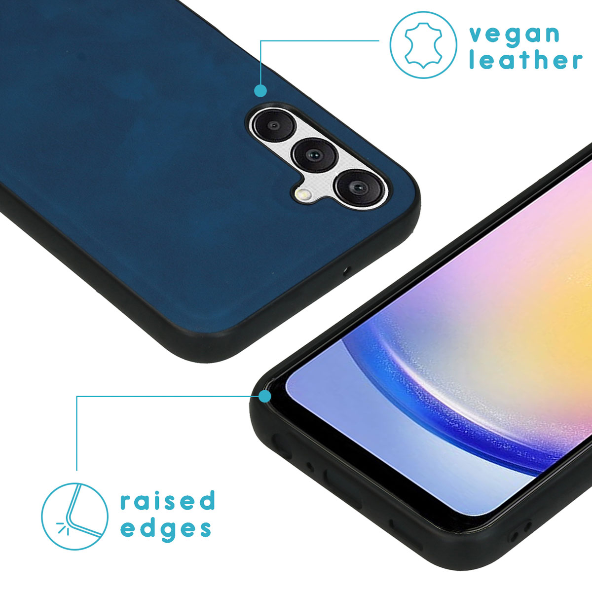 Een blauwe telefoonhoes met een telefoon. Het heeft verhoogde randen en veganistisch leer wordt aangegeven.