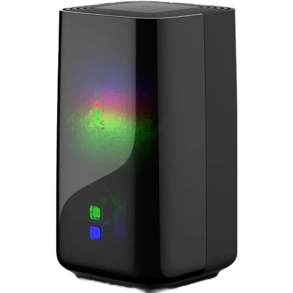 Schwarzes Modem mit bunten Lichtern, zwei Knöpfen und glänzendem Finish.