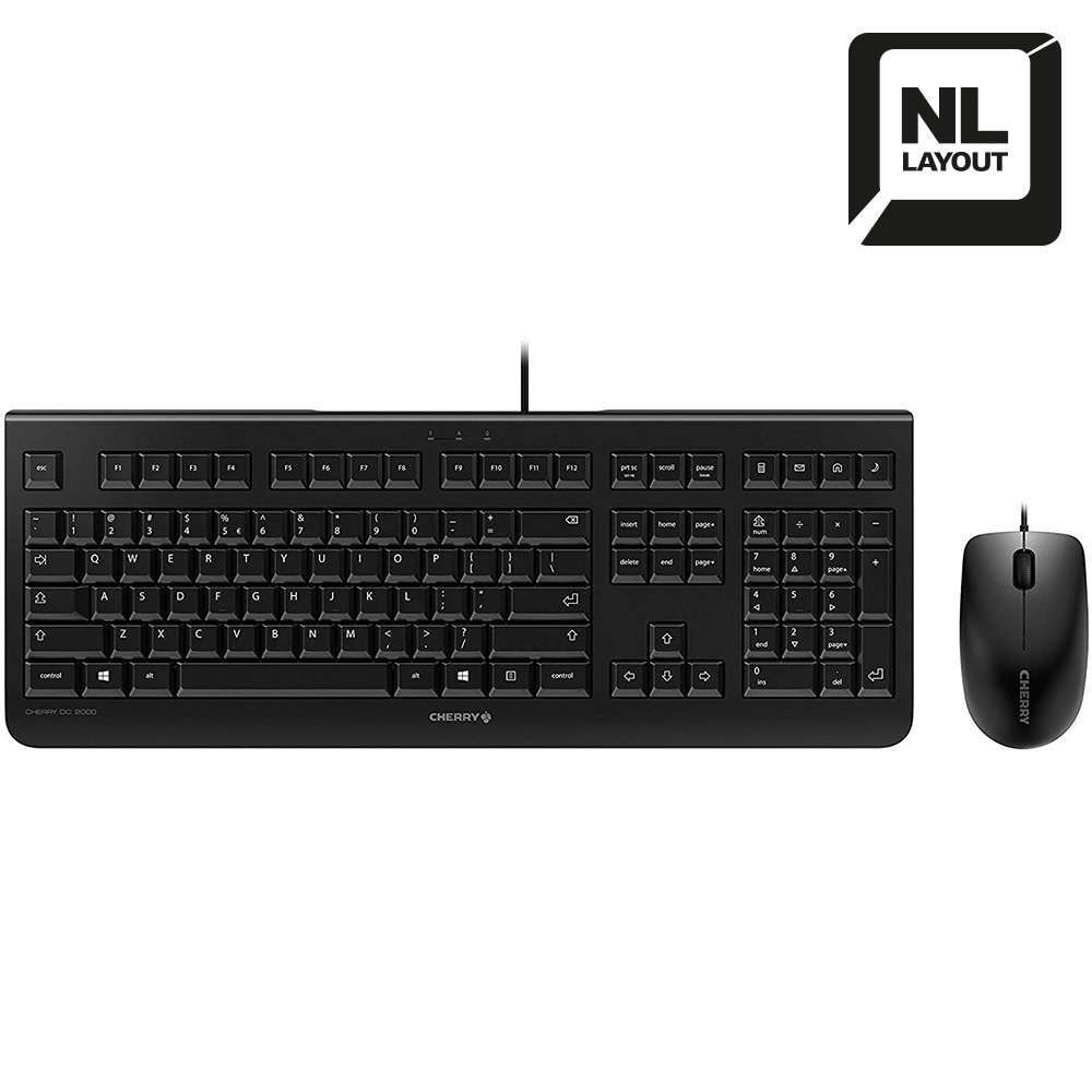 Clavier et souris noirs. Le clavier a une étiquette de disposition NL.