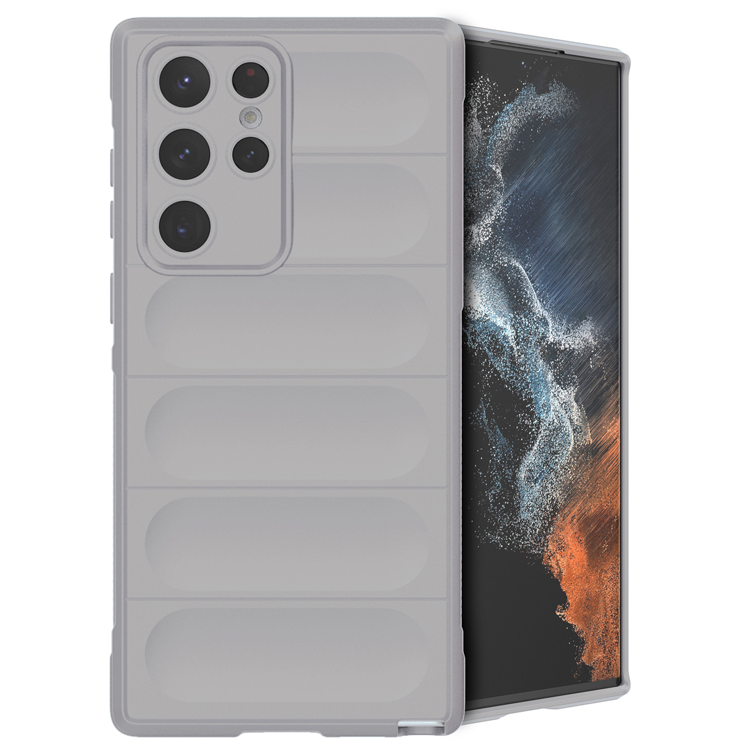 Grijze telefoonhoes op een telefoon. Beschikt over een geribbeld ontwerp. Telefoonscherm zichtbaar.