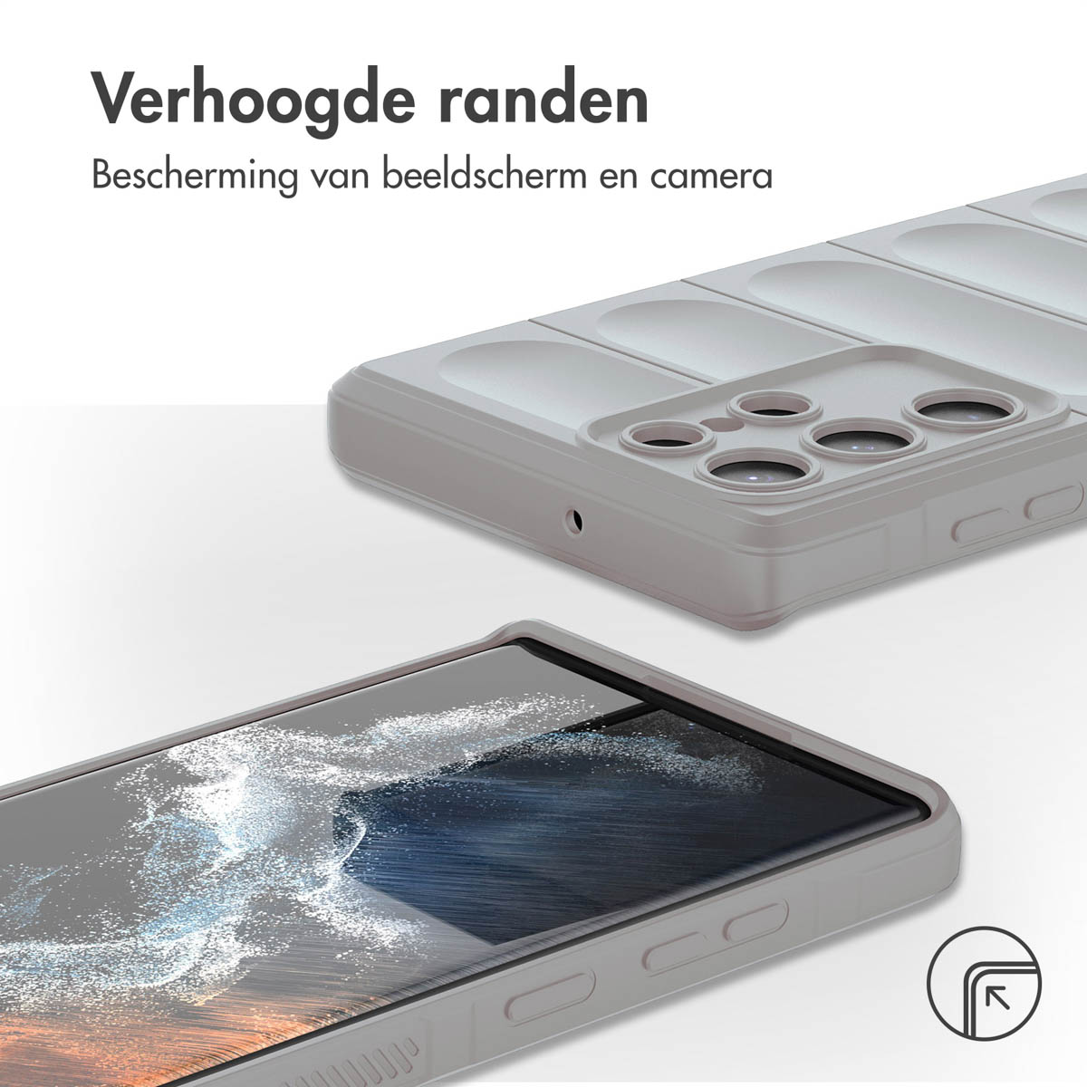Grijze telefoonhoes, telefoon en scherm. De hoes staat op een witte achtergrond. De telefoon zit erin.