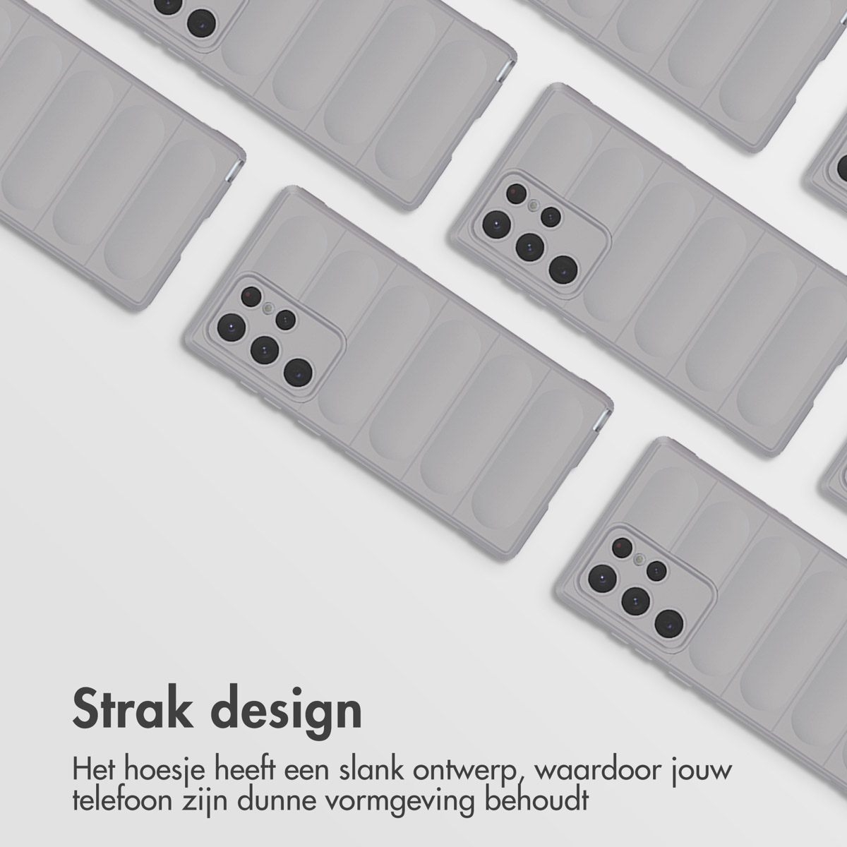 Meerdere grijze telefoonhoesjes gerangschikt, met een gestreept ontwerp, op een witte achtergrond.