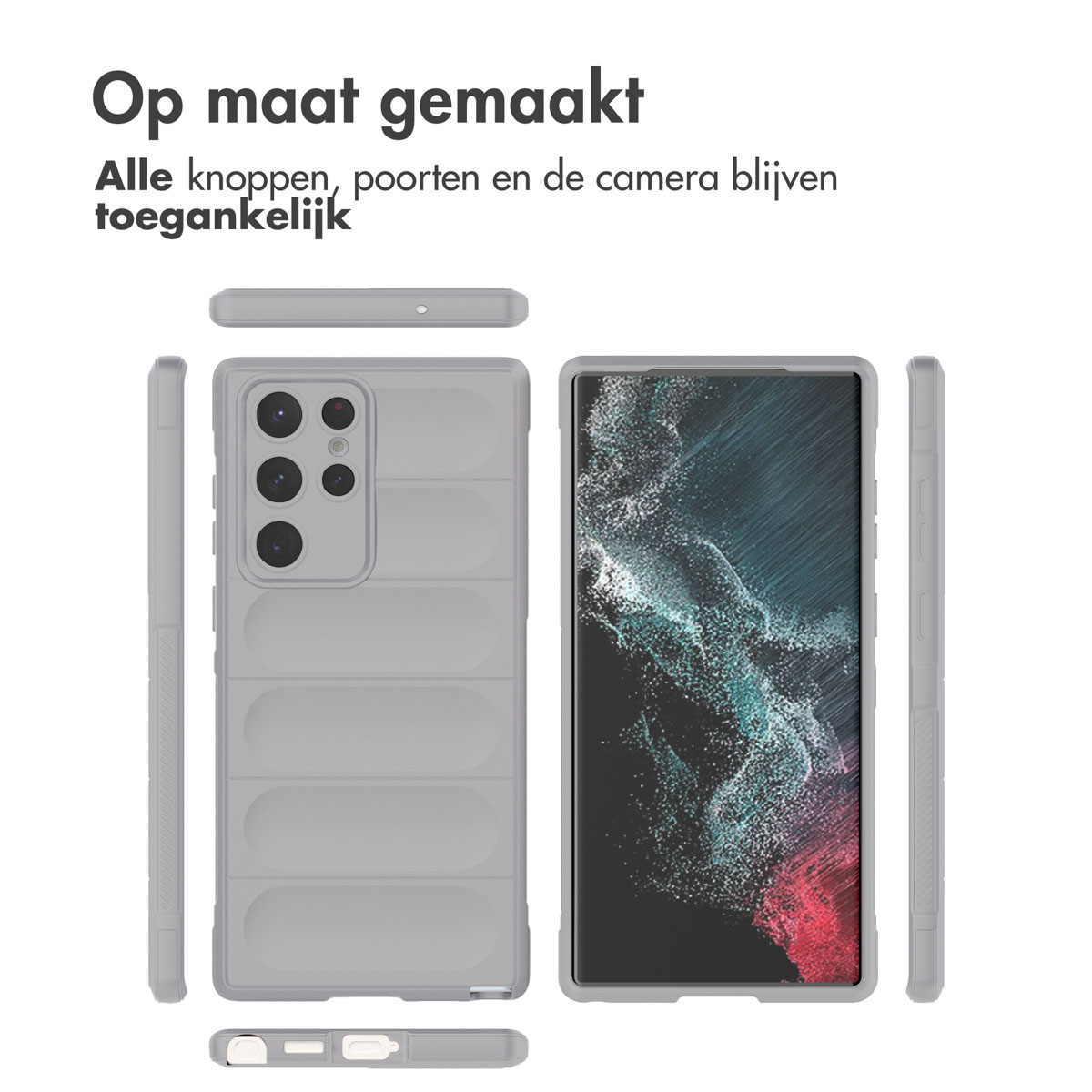 Grijze telefoon met hoes, meerdere hoeken.
