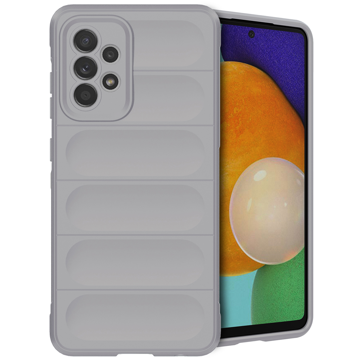Grijze telefoonhoes met een telefoon. De hoes heeft een geribbeld ontwerp. De telefoon heeft een scherm.