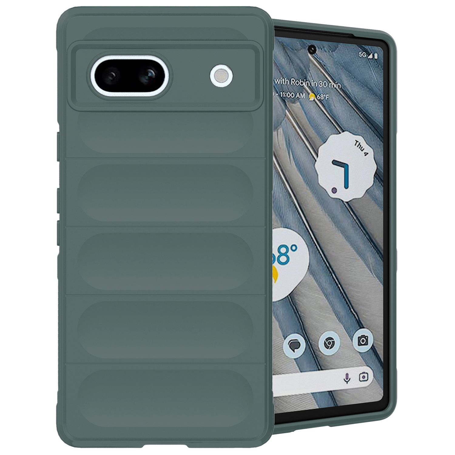 Grüne Handyhülle mit Liniendesign, ein Telefon mit sichtbarem Bildschirm innen.