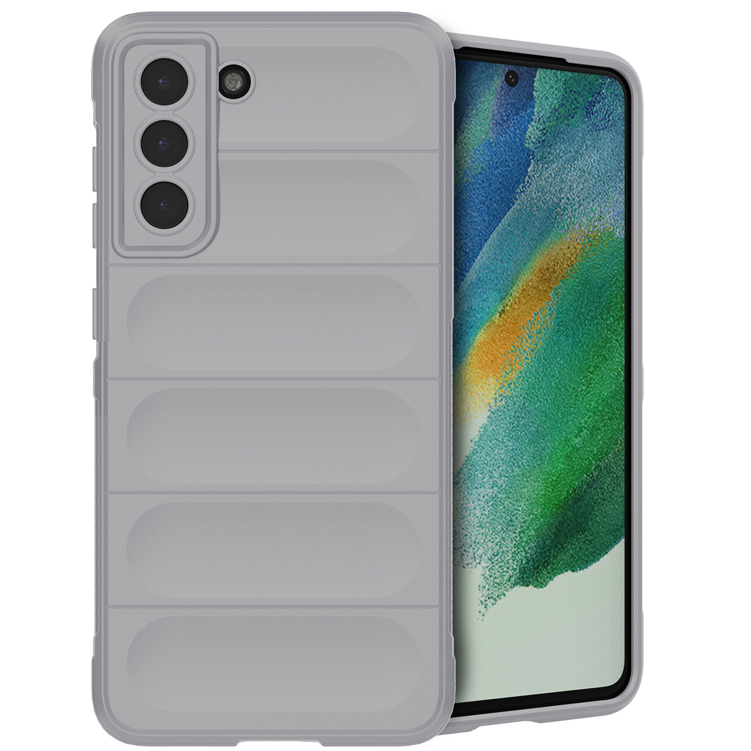 Grijze telefoonhoes met horizontale groeven en telefoon. De telefoon zit erin. Op wit.