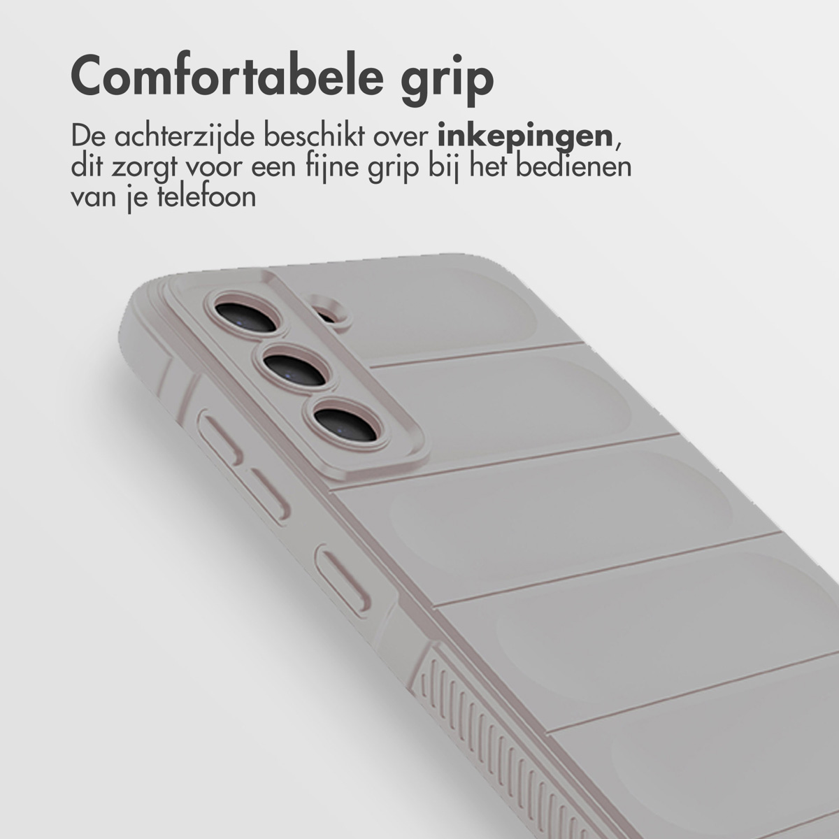 Telefoonhoes. De hoes is lichtbruin met lijnen. Tekst 'Comfortabele grip'.