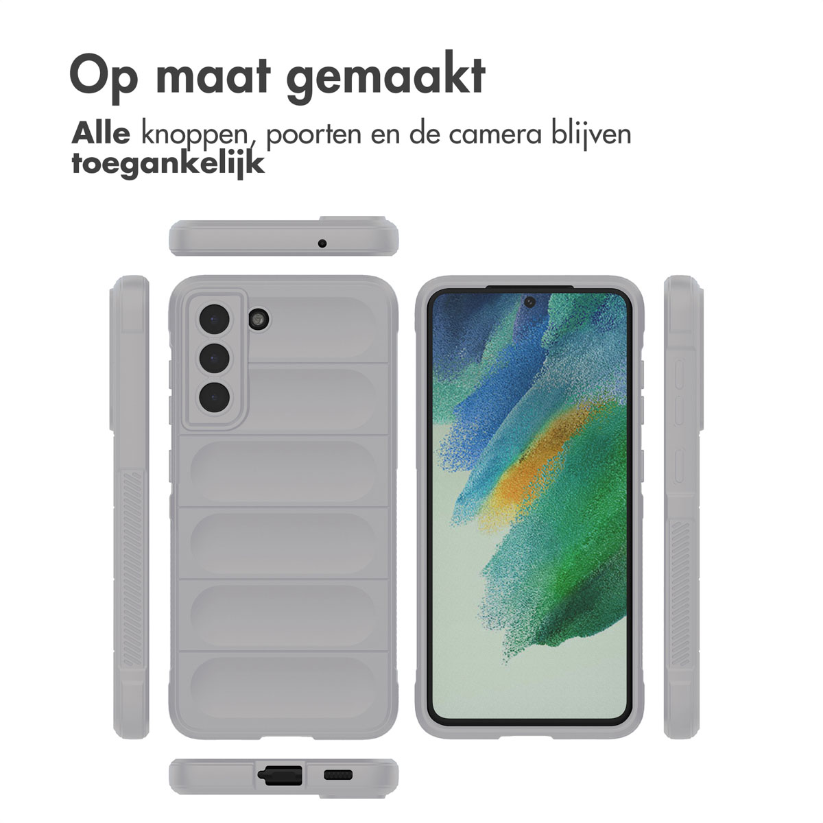 Meerdere weergaven van een grijs telefoonhoesje, toegang tot camera, knoppen en poorten.