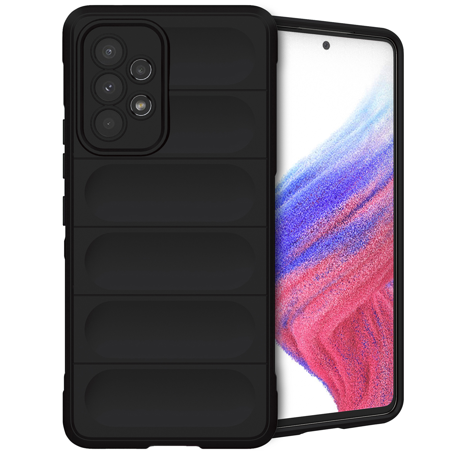Coque de téléphone noire avec un téléphone à l'intérieur. Design texturé.