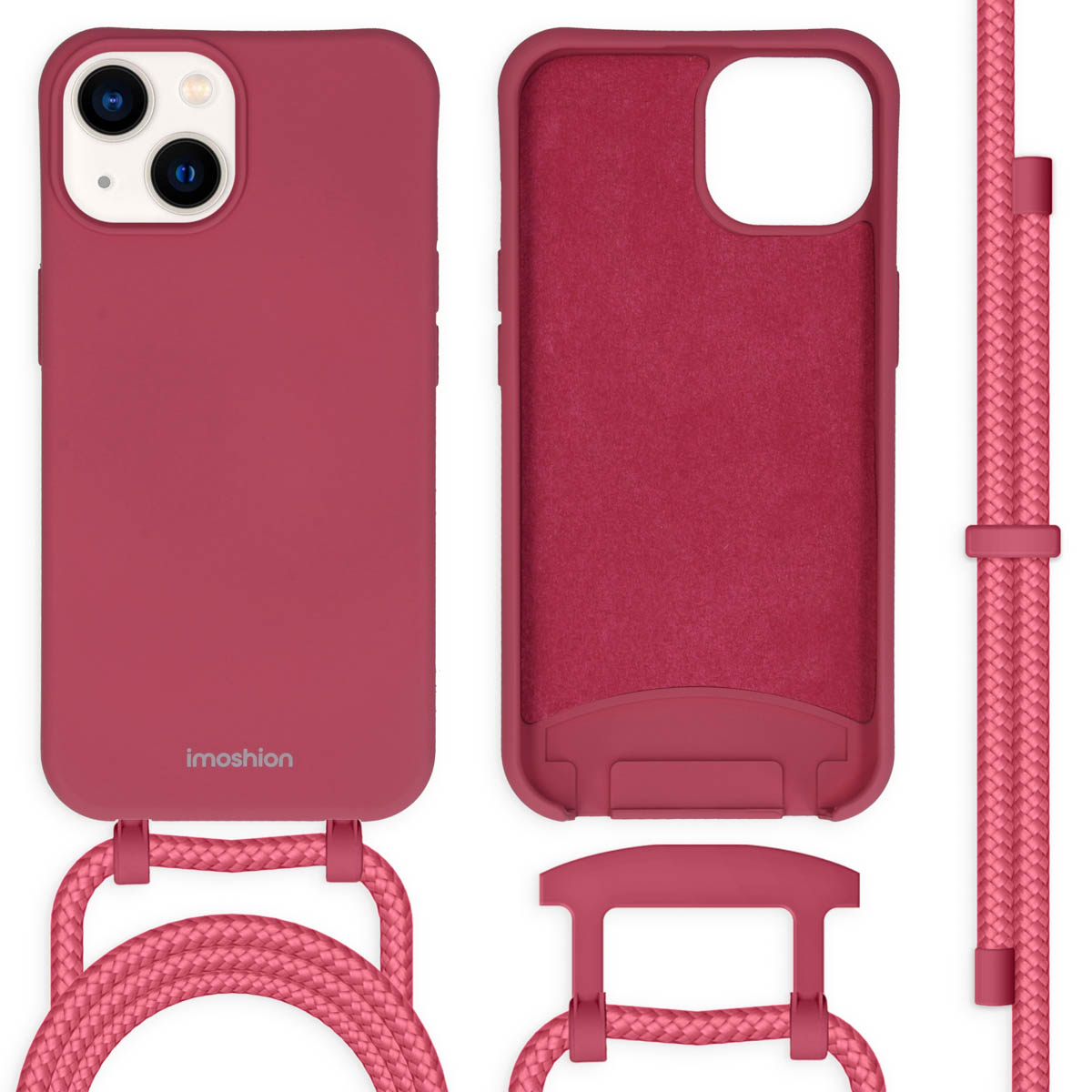 Coque de téléphone rouge et un téléphone. La coque a un cordon rouge assorti. La coque est montrée sous plusieurs angles.