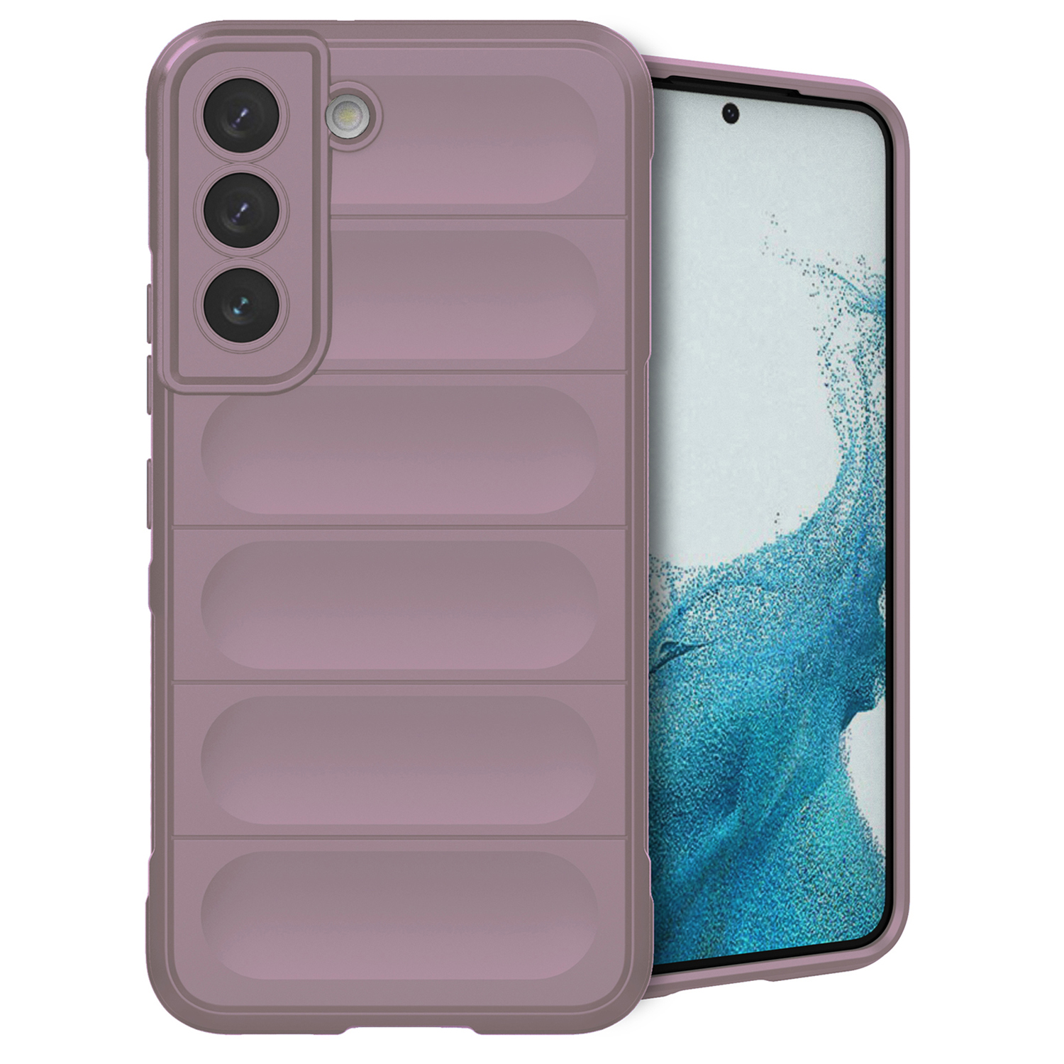 Paarse telefoonhoes met een telefoon die een scherm toont. De hoes heeft een geribbeld ontwerp.