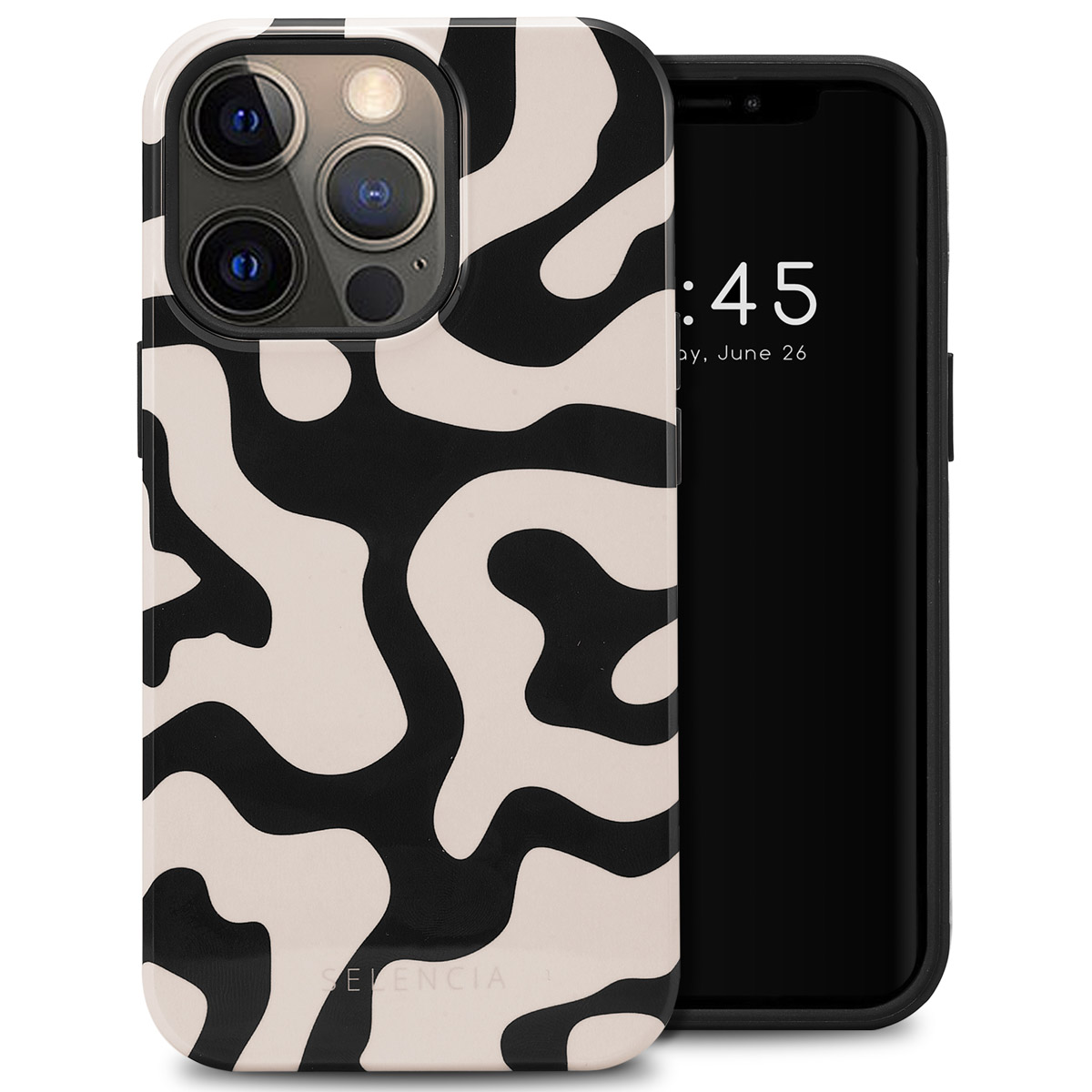 Coque de téléphone à motifs noir et blanc avec un téléphone. Le téléphone affiche l'heure et la date.